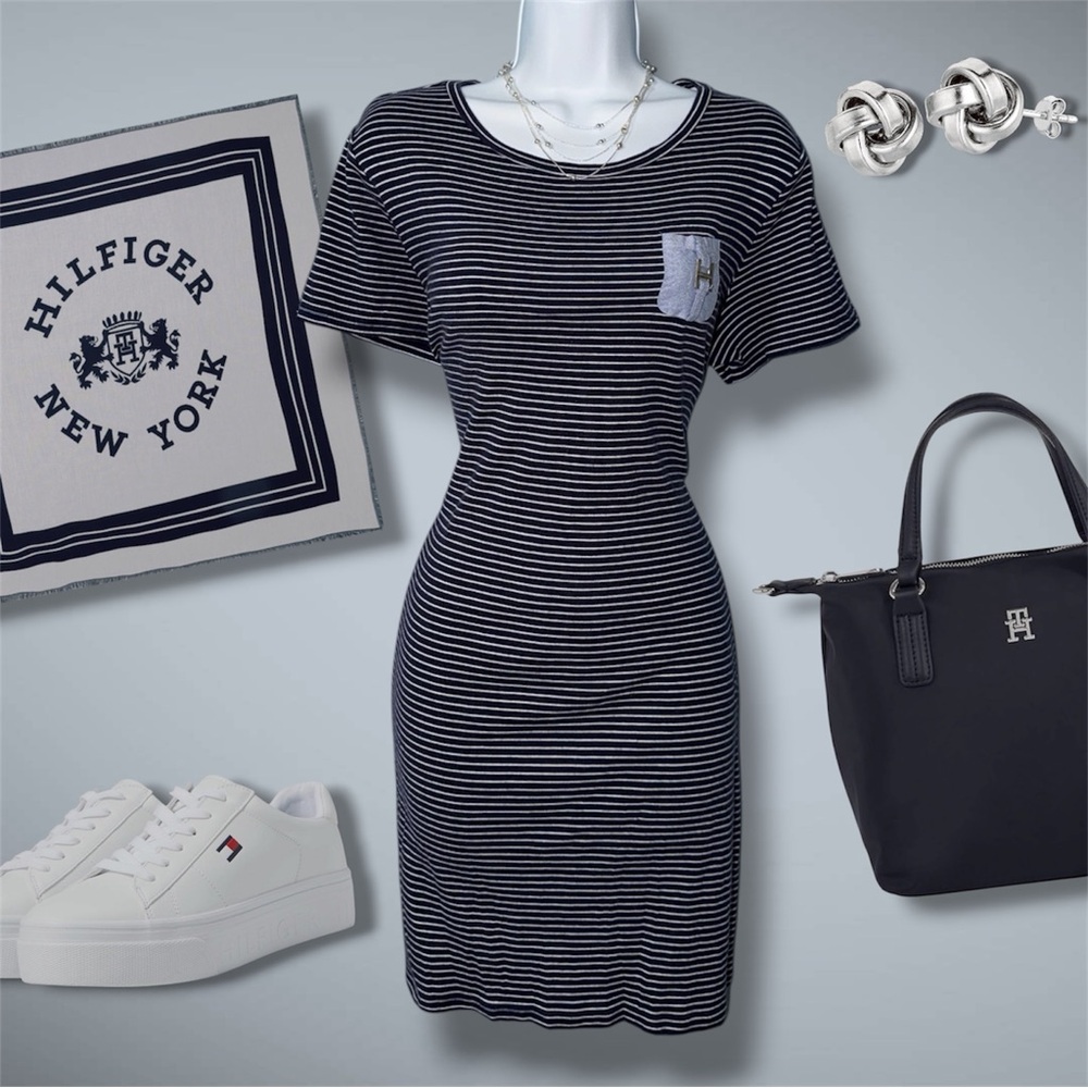 Tommy Hilfiger Navy & White Striped Short Sleeve T-Shirt Dress w/ Chest Pocket